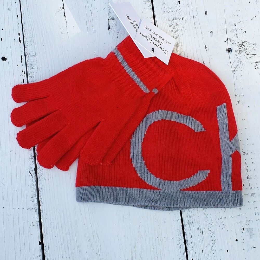 Calvin Klein Boys Red Gray Logo Beanie Hat and Glove Set Sz 8-16 Years NEW